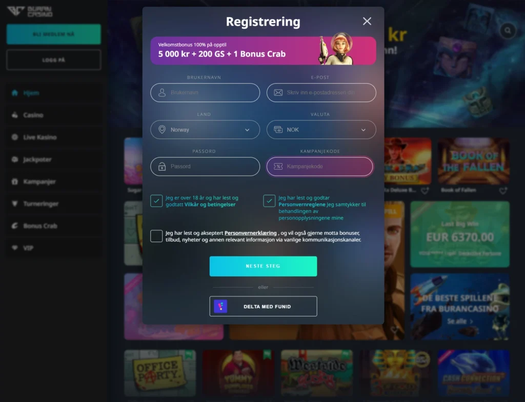 Opprett konto hos Buran casino