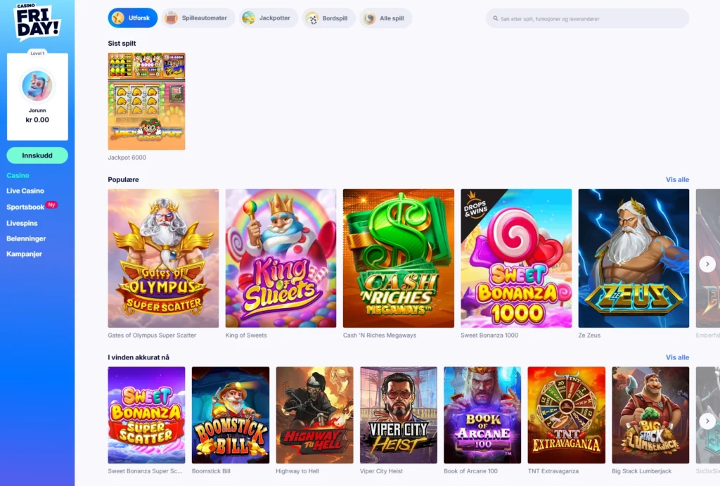 Spillutvalg hos CasinoFriday 2