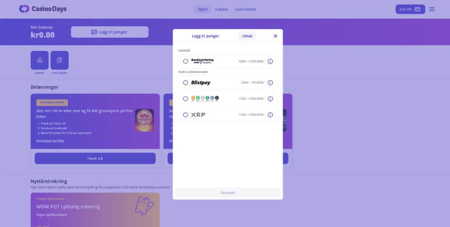 Gjennomfør uttak hos Casino Days