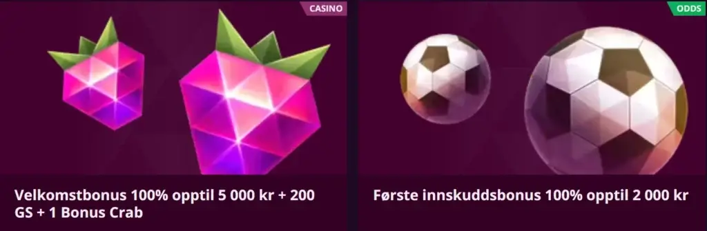 Nye spillere hos Malina kan velge mellom en casinobonus på 100% opptil 5000 kr og 200 gratisspinn, eller en oddsbonus på 100% opptil 2000 kr.