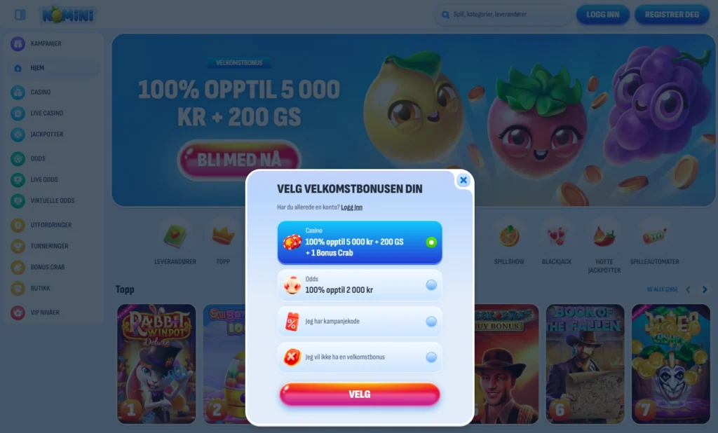 Slik aktiverer du velkomstbonusen hos Nomini. Opprett konto
