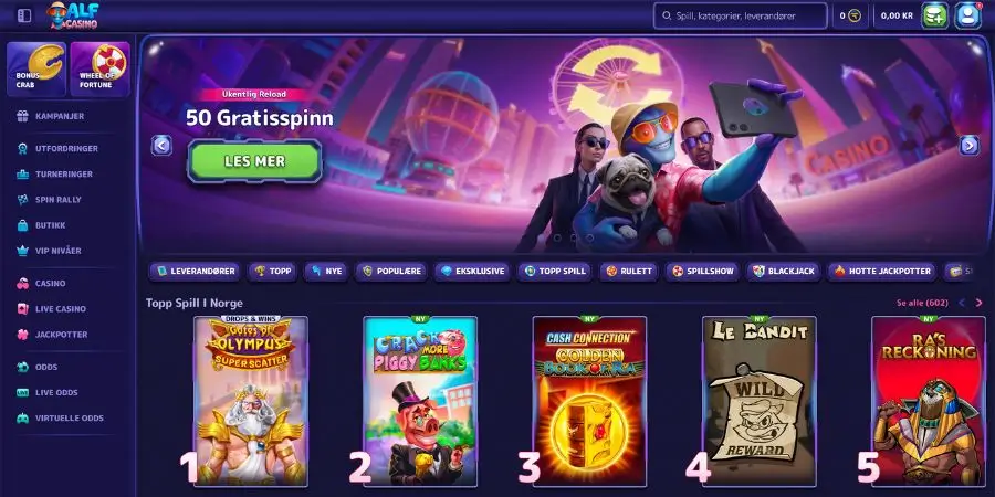 Norsk startside hos AlfCasino