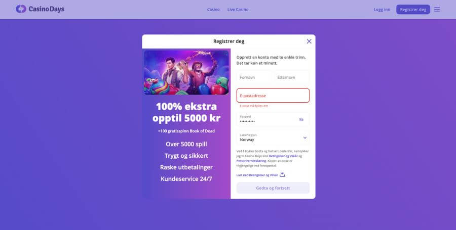 Registrering hos Casino Days