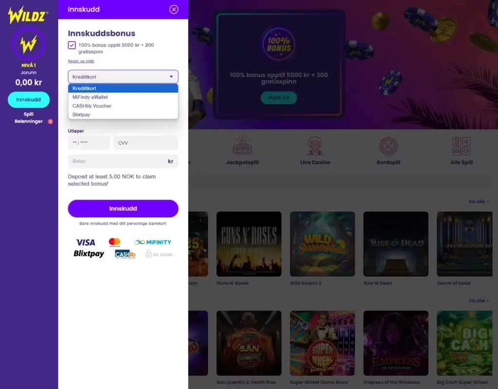 Gjør ditt første innskudd hos Wildz og få en no-sticky bonus på ditt første innskudd.