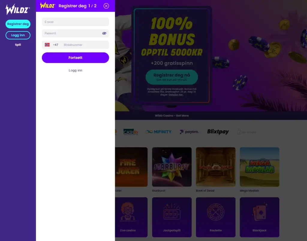 Registrer deg hos Wildz casino via Kongebonus idag