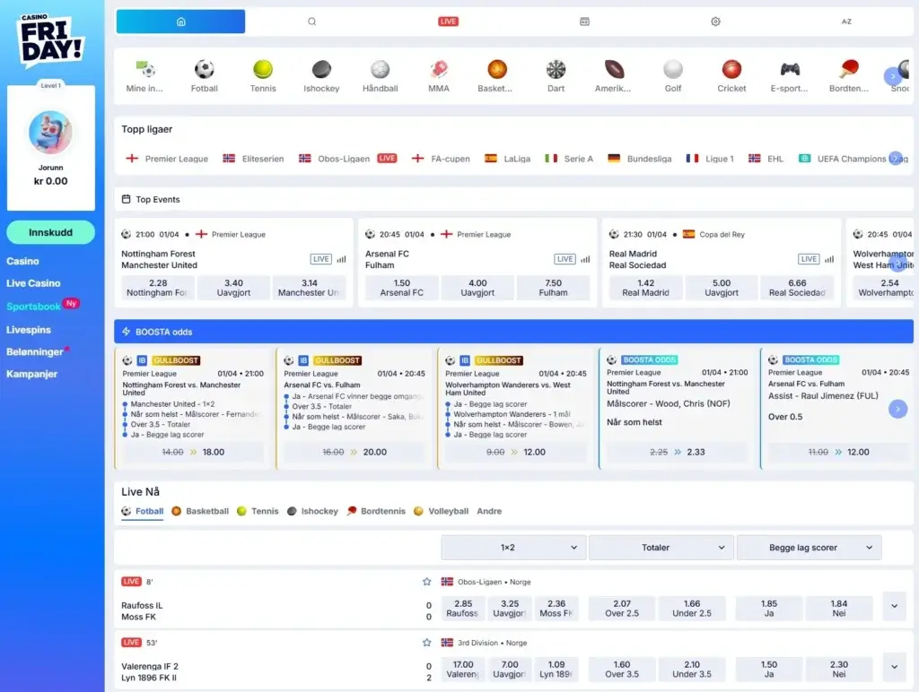  CasinoFriday Sportsbetting med live odds og kamplister.