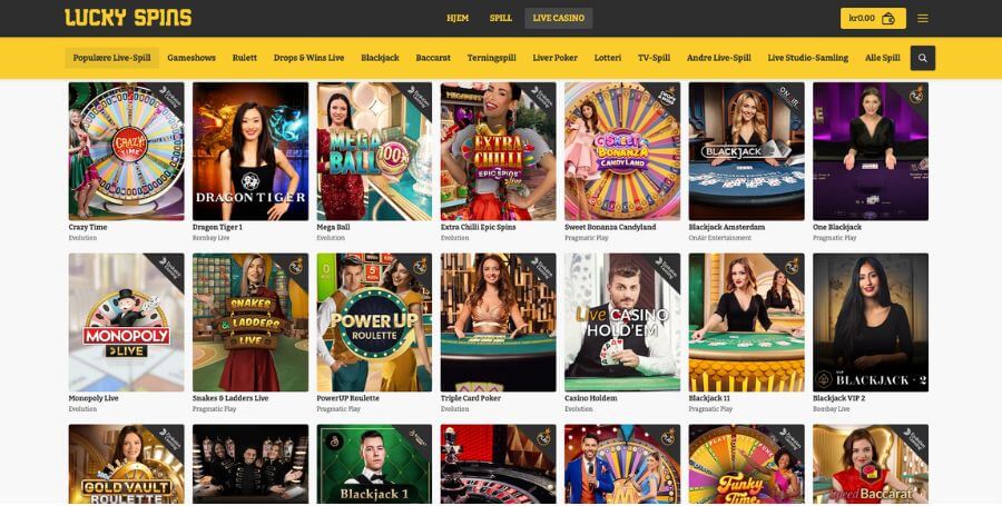 Lucky Spins live casino utvalg