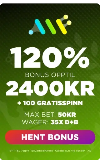 Alf Casino Bonus Panel - 120% bonus opptil 2400 kr.