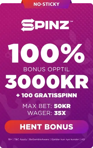 Spinz Bonus Panel - 100% Bonus Opptil 3000 kr