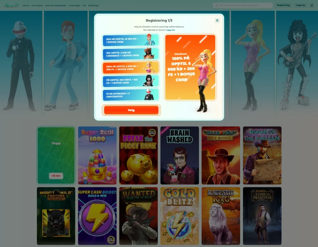 Neon54 – valg av bonus under registrering
