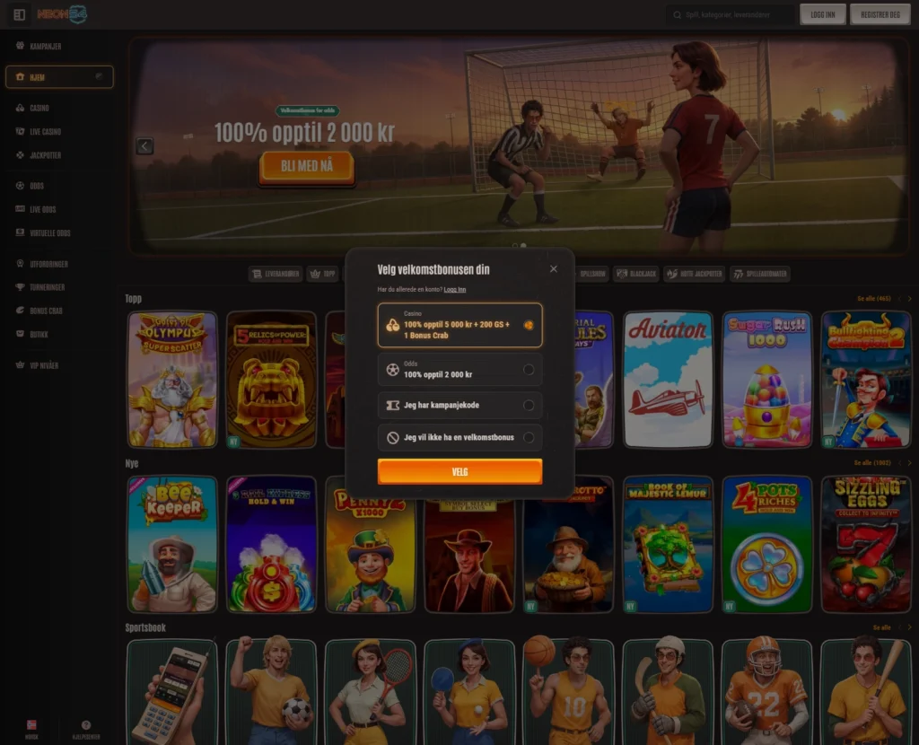 Neon54 – valg av bonus under registrering