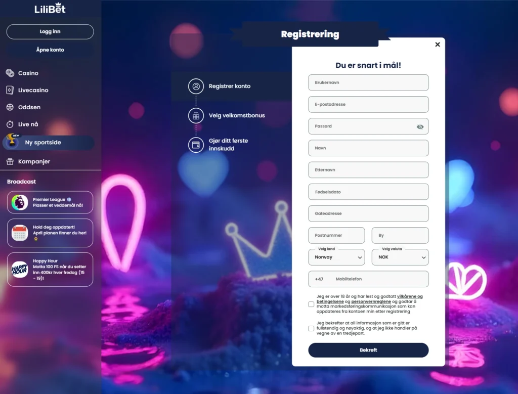 Registreringsskjema hos Lillibet med felt for navn, adresse, mobilnummer og et felt for inn­tasting av SMS-kode.