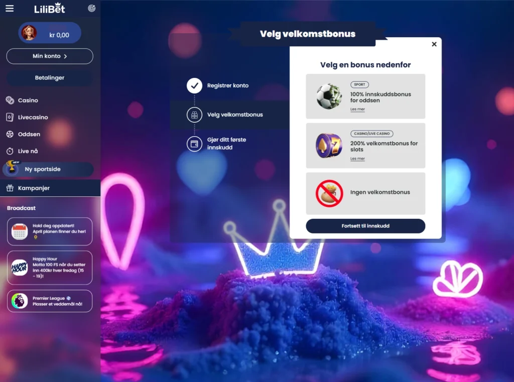 Velg din velkomstbonus hos Lillibet