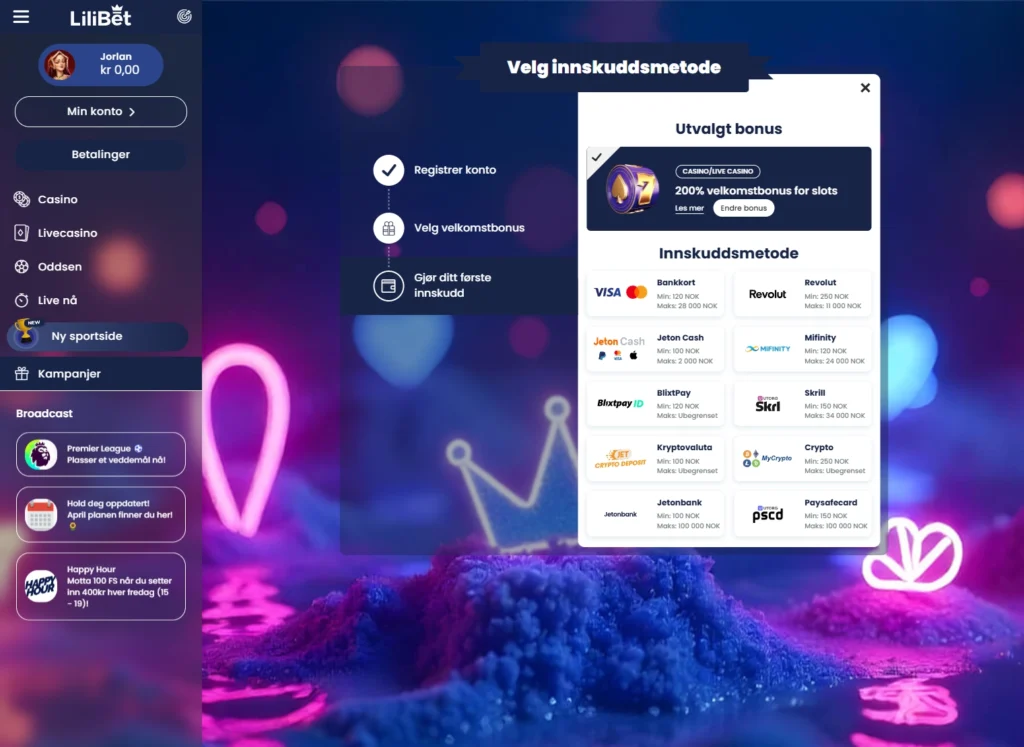 Velg din innskuddsmetode med Visa-logo, e-lommebok-ikoner og et beløpsfelt satt til 200 kr.