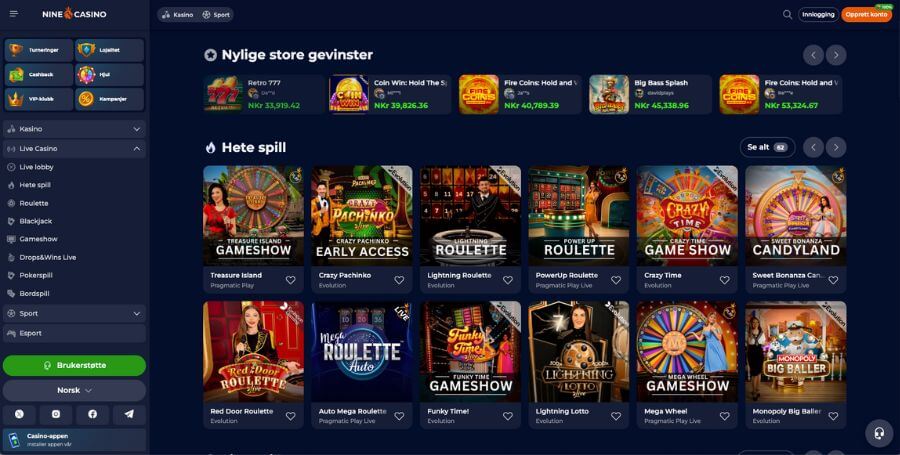 Ninecasino live casino utvalg