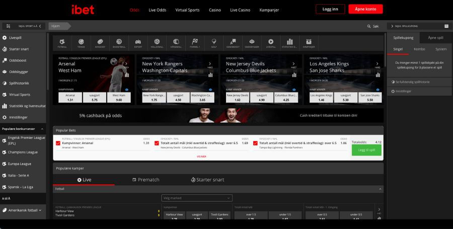 iBet sportsbook med pre-match og live odds