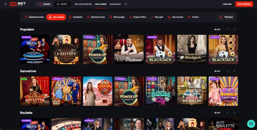 N1 Bet Casino live casino utvalg