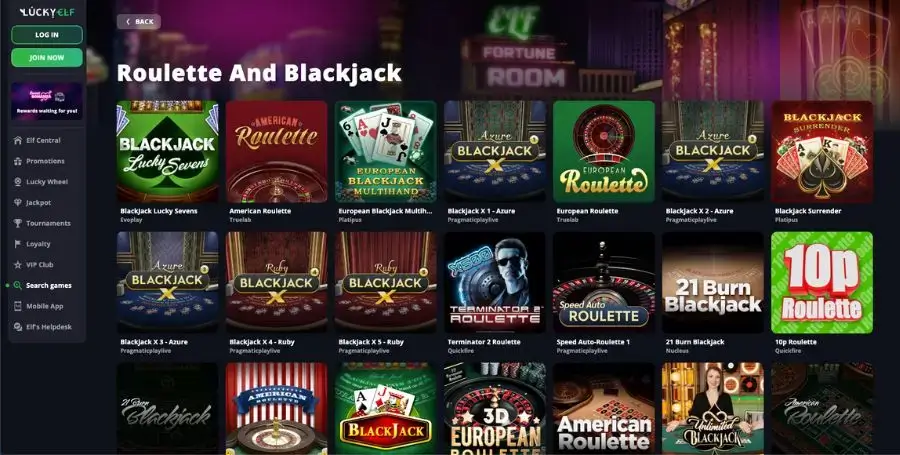 Roulette og blackjack hos Lucky Elf