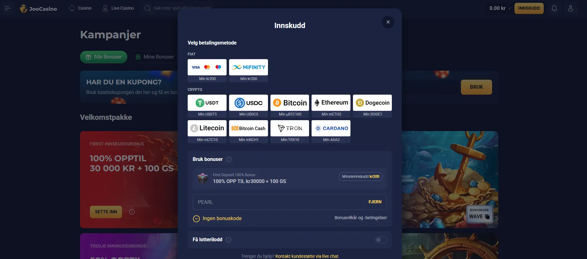 Innskudd hos Joocasino