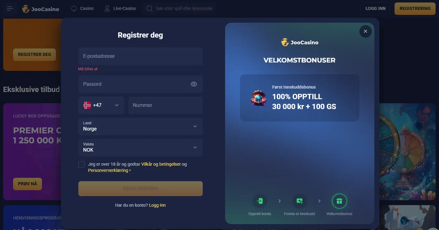 Registrering hos Joocasino