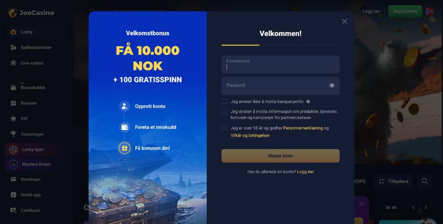 Registrering hos Joo Casino