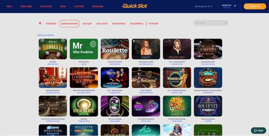 Alle roulettespill hos QuickSlot