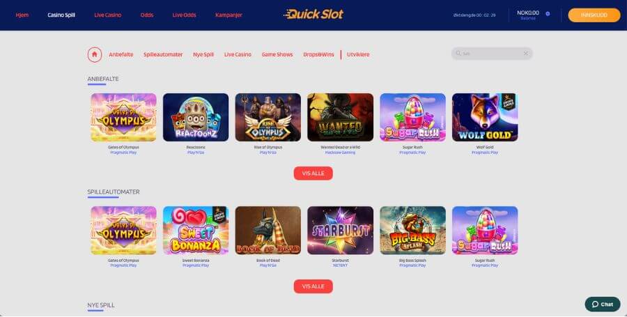 Casinospillene tilgjengelige hos QuickSlot