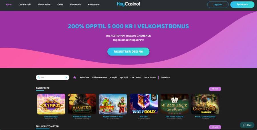 Den norske startsiden hos HeyCasino