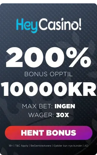 Hey casino bonuspanel som viser velkomsttilbudet