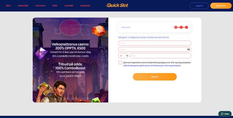 Registrering av spillekonto hos QuickSlot