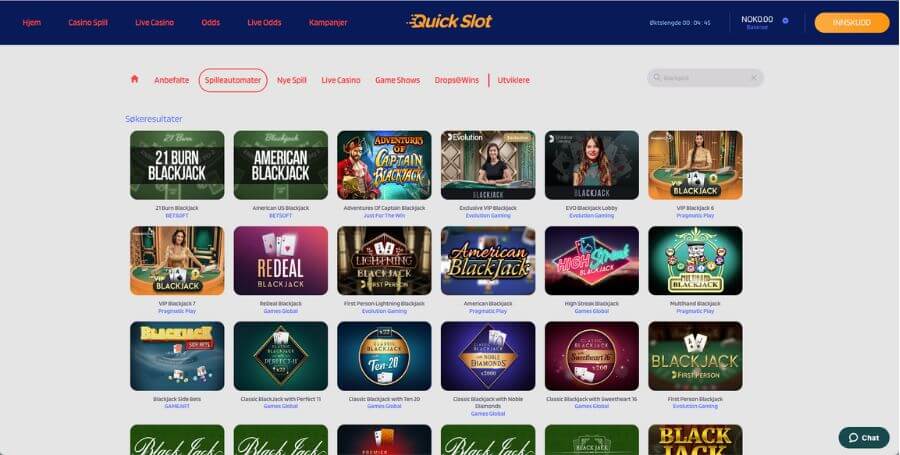 Spill blackjack hos QuickSlot