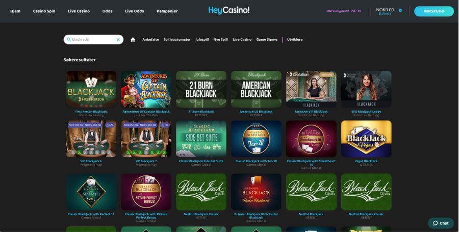 Utvalget av blackjack hos HeyCasino