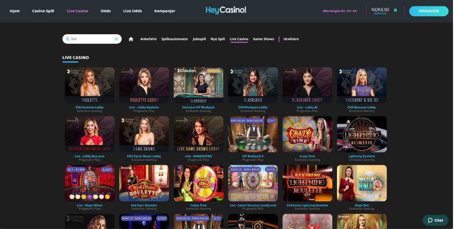 Utvalget av live dealer-spill hos HeyCasino