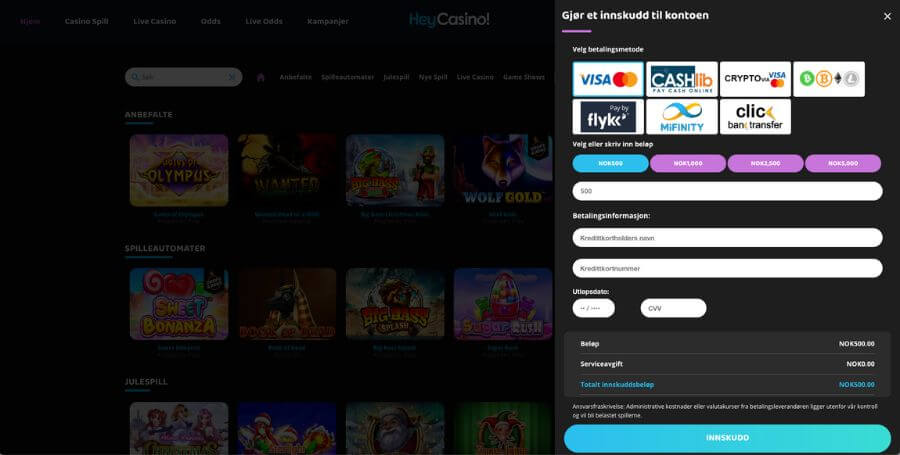 Velg betalingsmetode for ditt første HeyCasino innskudd