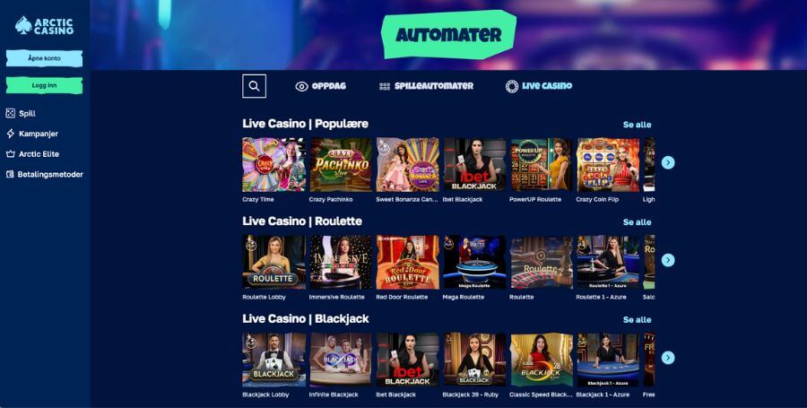 Arctic Casino live casino utvalg