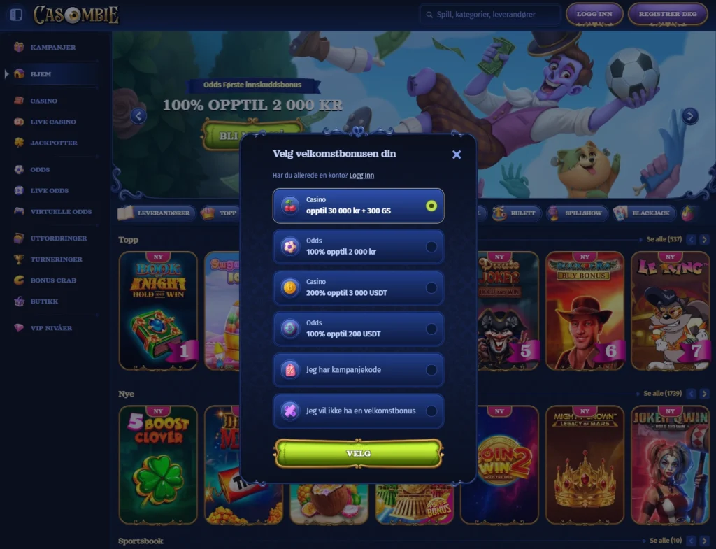 Velg velkomstbonus og registrer konto hos Casombie
