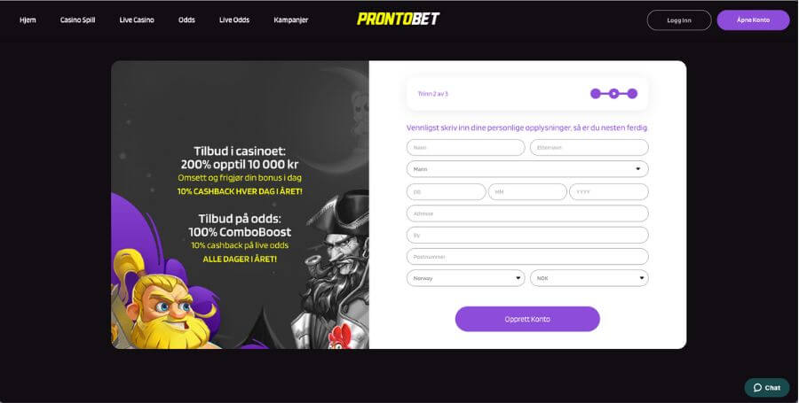 Registrering av spillekonto hos ProntoBet