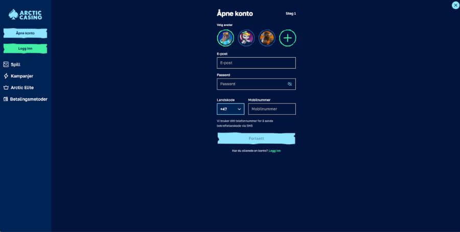 Registrering hos Arctic Casino