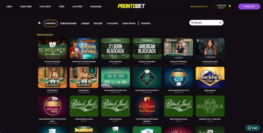 Utvalget av blackjack hos ProntoBet