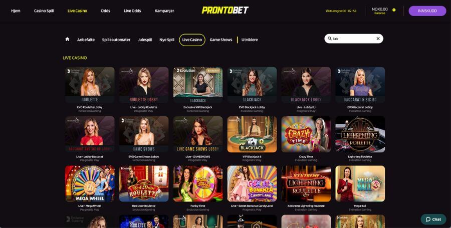 Utvalget av live dealer-spill hos ProntoBet