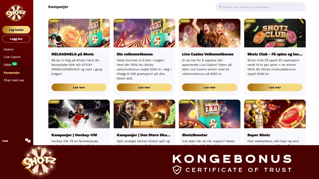 skjermbilde av alle kampanjene som shotz casino tilbyr.