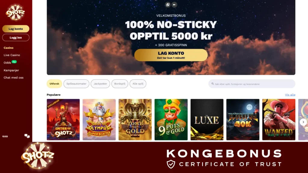 Shotz casino fremside med menyer og spillutvalg. Logo i bunnen indikerer at Shotz er tildelt Kongebonus certificate of trust