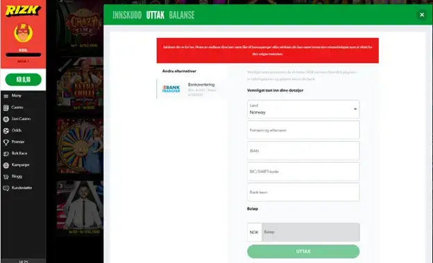 bankoverføring til norge fra casino