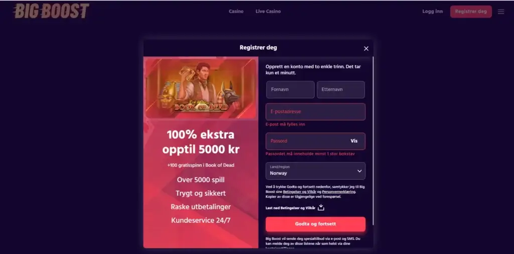 Fyll in navn og detaljer for å registrere deg på big boost casino