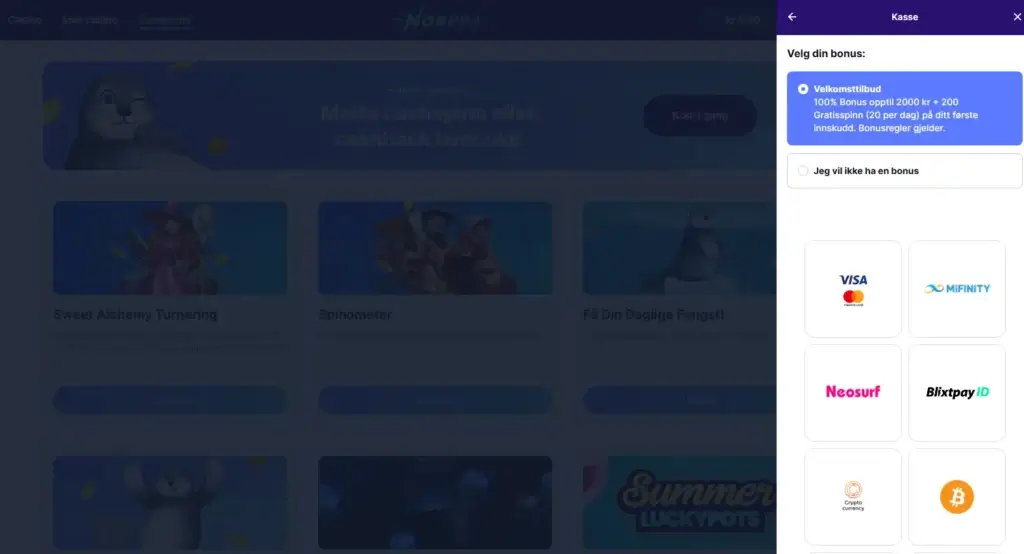 Velg bonus og innskuddsmetode på Norppa casino