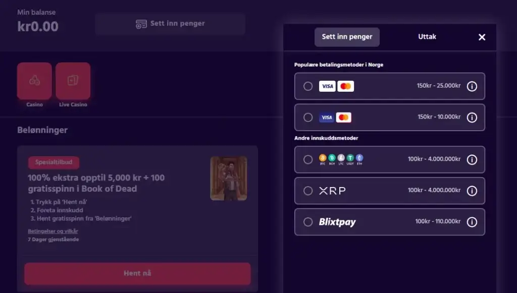 Velg innskuddsmetode på Big Boost Casino