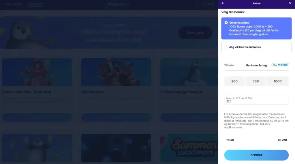 Fullfør innskuddet på Norppa Casino