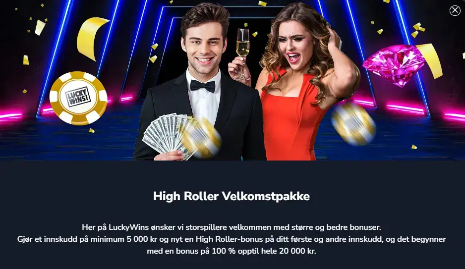 Luckywins casino high roller velkomstbonus 100% opptil 20 000 kr