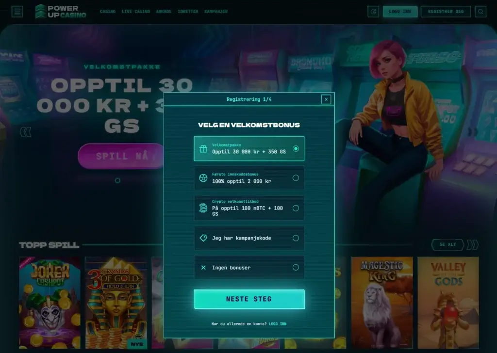 Opprett en spillerkonto og velg bonus
