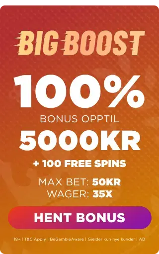 big boost unlock bonus 100% opptil 5000 kr + 100 free spins